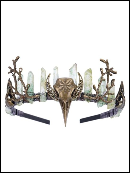 Handmade Raw Quartz Crown Hair Headband with Bronze Wire Moon Crow Branch